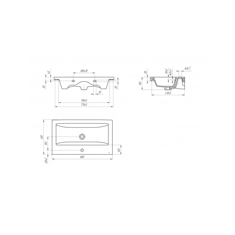 Чертёж умывальника Cersanit Como 80