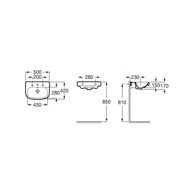 Чертёж умывальника Roca Debba 50x42