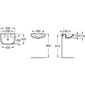 Чертёж умывальника Roca Debba 50x42