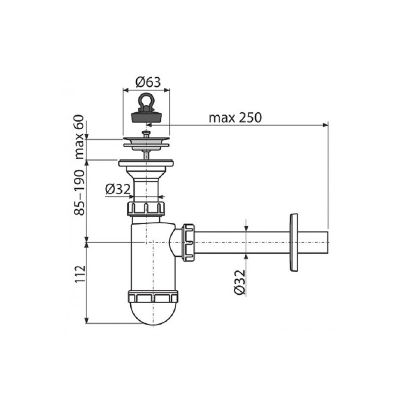 Размеры сифона Alcaplast A410