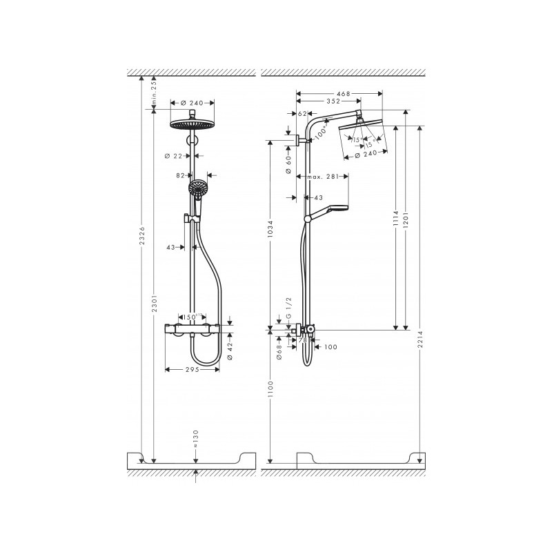 Чертёж душевой системы Hansgrohe Crometta S Showerpipe 240 1jet 27267000
