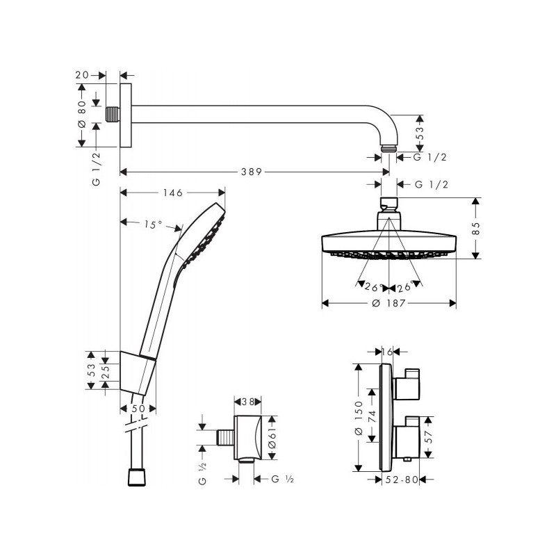 Душевая система Hansgrohe Croma Select S 27295000 размеры
