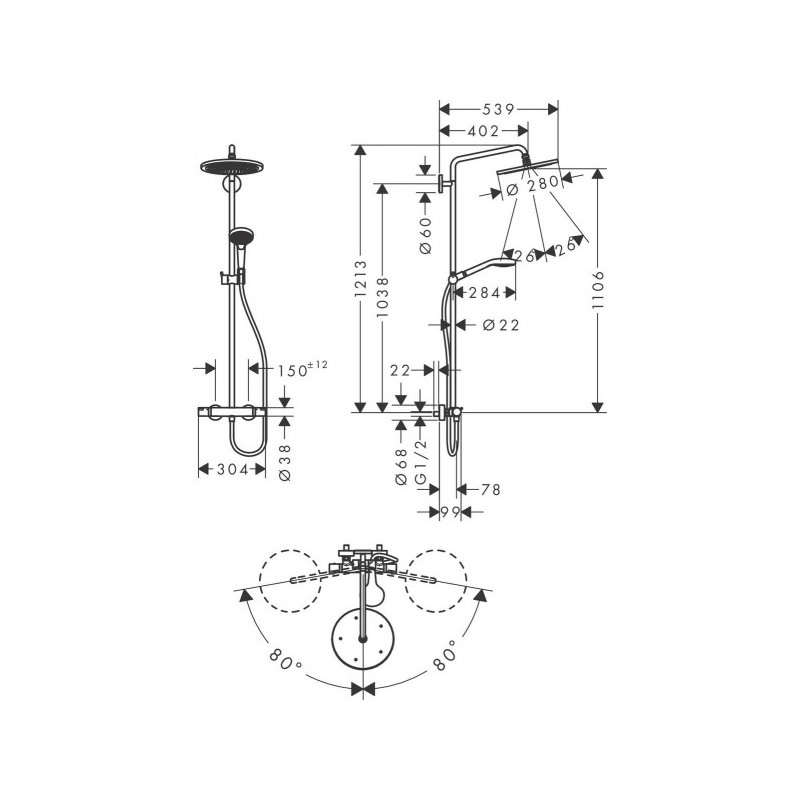 Душевая система Hansgrohe Croma Select 280 Air 1jet 26790000 размеры