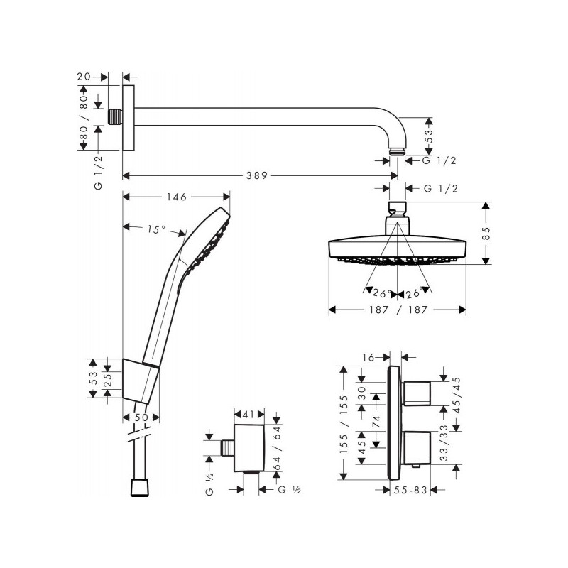 Чертёж душевой системы Hansgrohe Croma Select E\Ecostat E 27294000