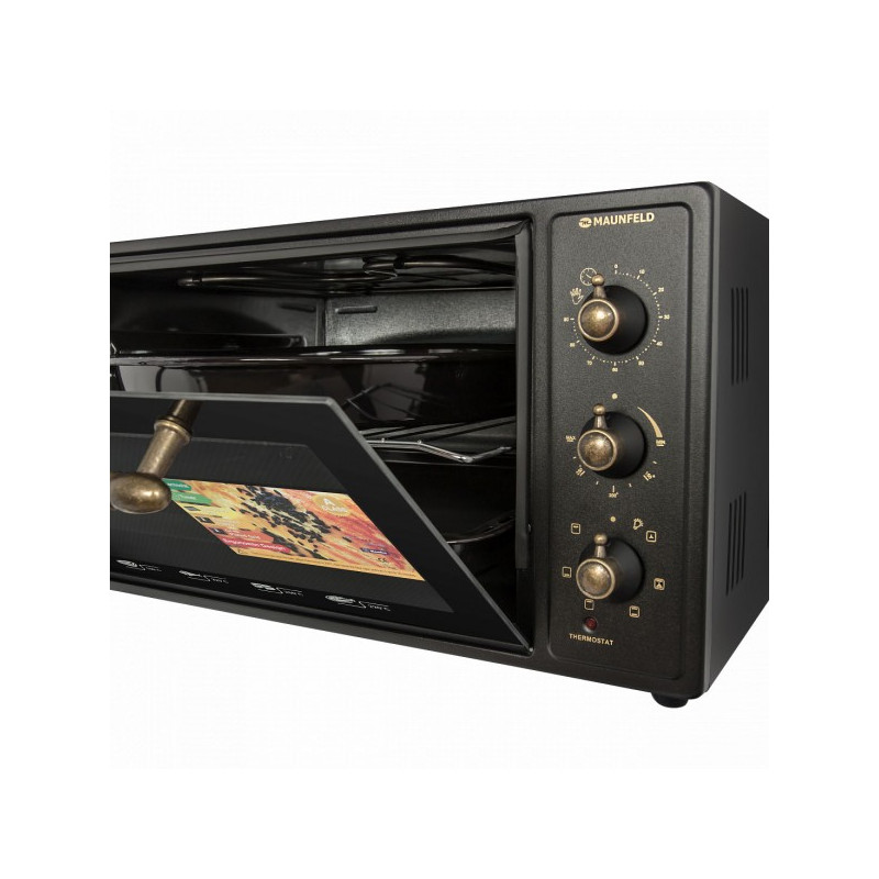 Мини-печь Maunfeld СEMOA.456.RBG Black с открытой дверцей и панелью упраления
