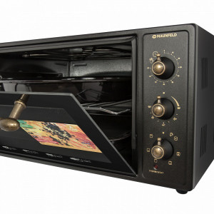 Мини-печь Maunfeld СEMOA.456.RBG Black с открытой дверцей и панелью упраления