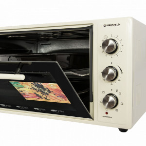 Мини-печь Maunfeld СEMOA.456.I Beige с открытой дверцей и панелью управления