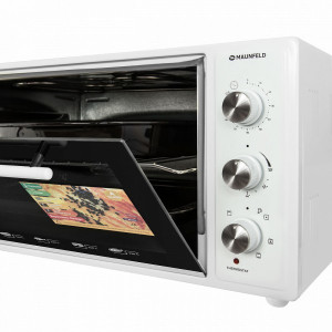 Мини-печь Maunfeld СEMOA.456.W White с открытой дверцей и панелью управления