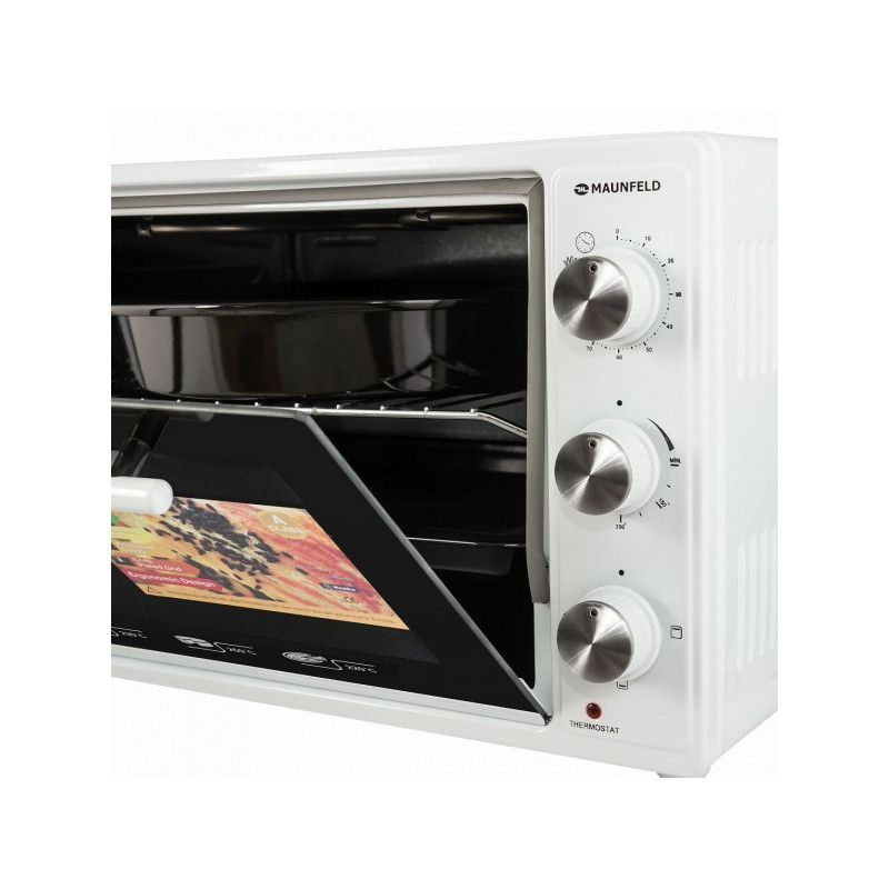 Мини-печь Maunfeld СEMOB.363.W White с открытой дверцей и панелью управления
