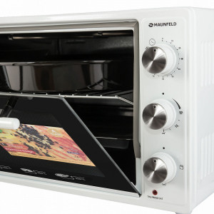 Мини-печь Maunfeld СEMOB.363.W White с открытой дверцей и панелью управления