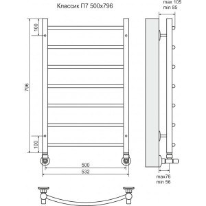 Размеры полотенцесушителя Terminus Классик П7 500x796 (наружная резьба)